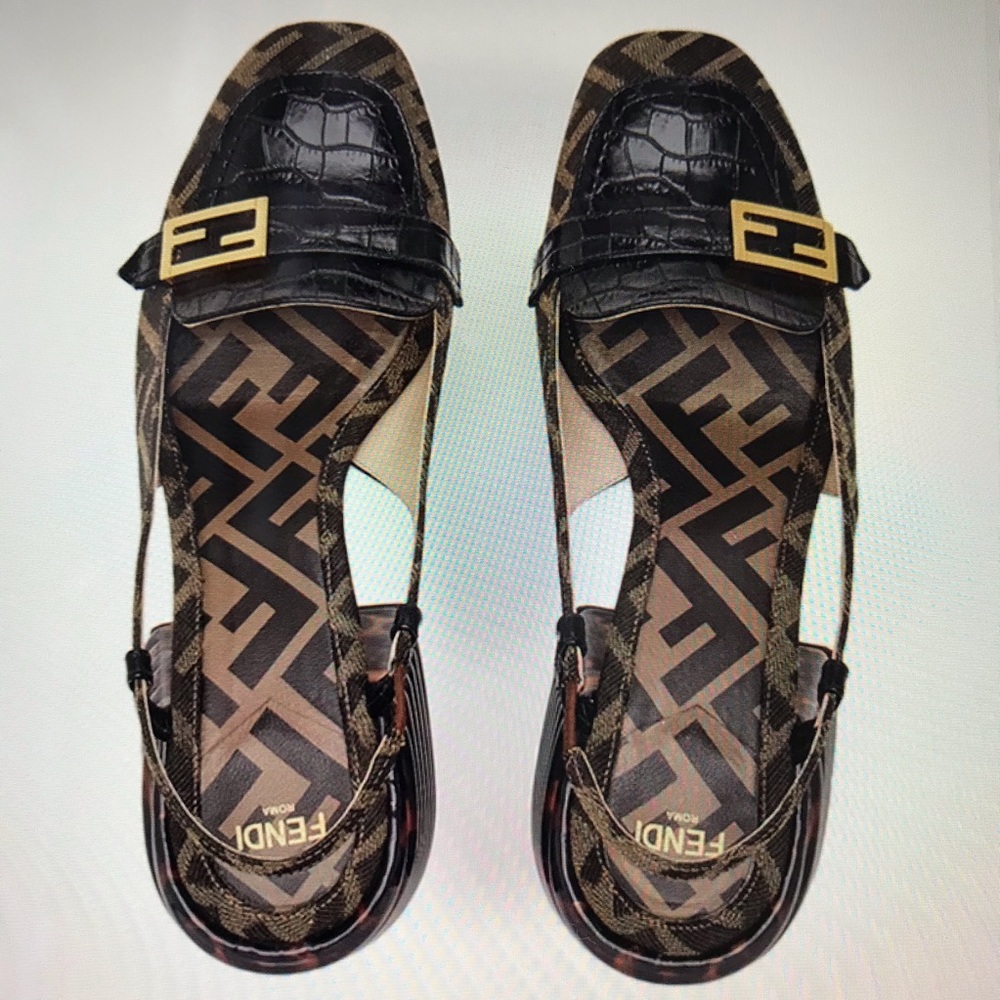 Fendi promenade FF motif fabric and croc-embossed leather slingback pump